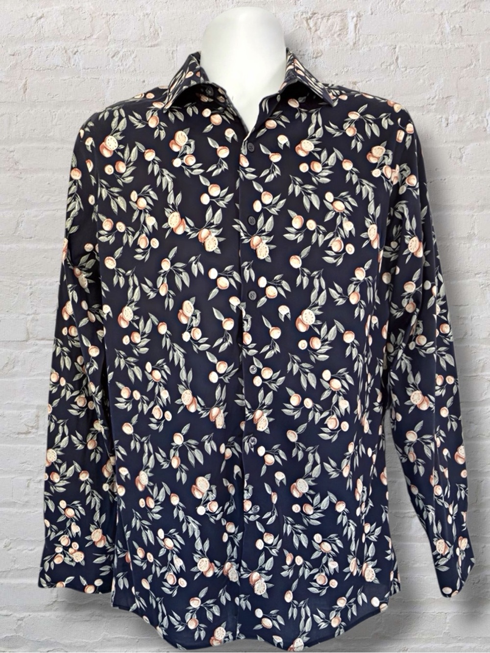 Bar III Mens M 15-15.5 Navy Orange Citrus Print Slim Fit Stretch Dress Shirt
